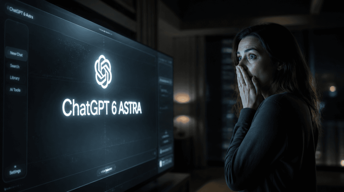 Woman in a dark room, eyes wide and hands covering her mouth, in front of a large screen reading "ChatGPT 6 ASTRA" in glowing letters