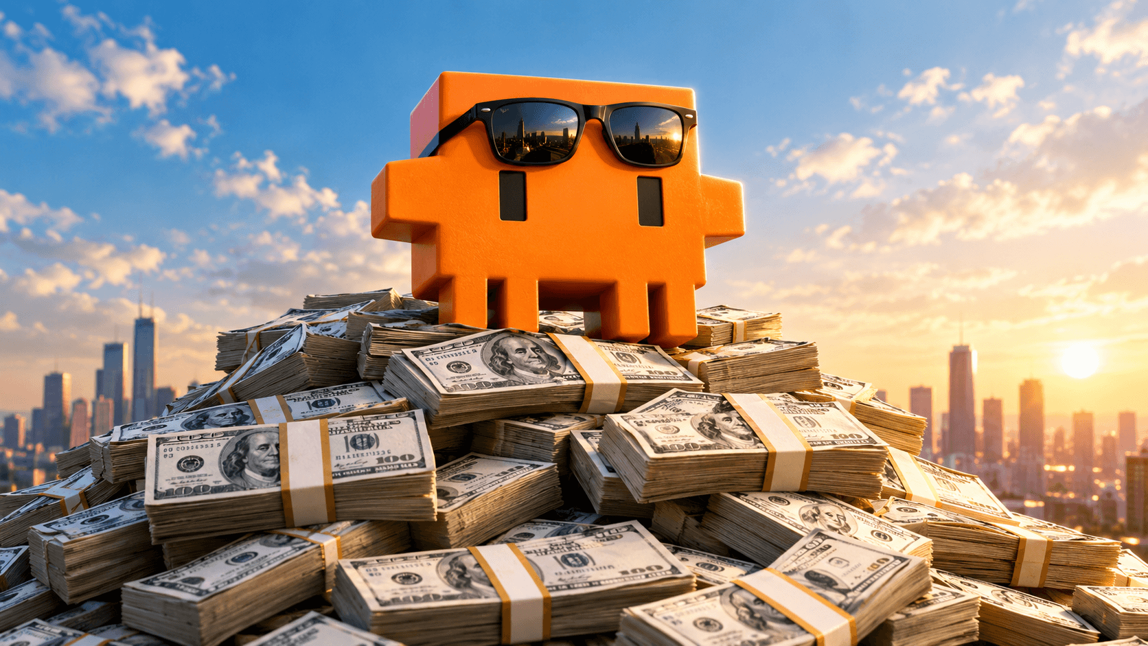 Orange block figure wearing sunglasses, standing atop a pile of hundred-dollar bills, with skyscrapers and a sunset in the background