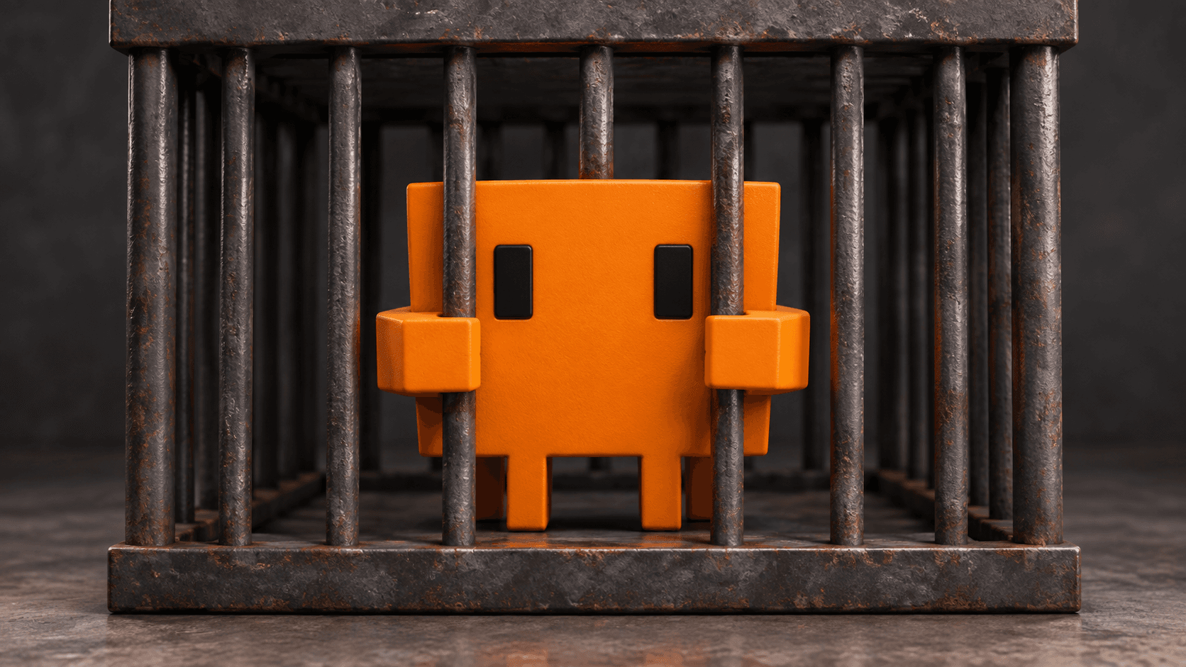 Orange block figure with two black rectangular eyes, gripping from inside the bars of a rusty iron cage
