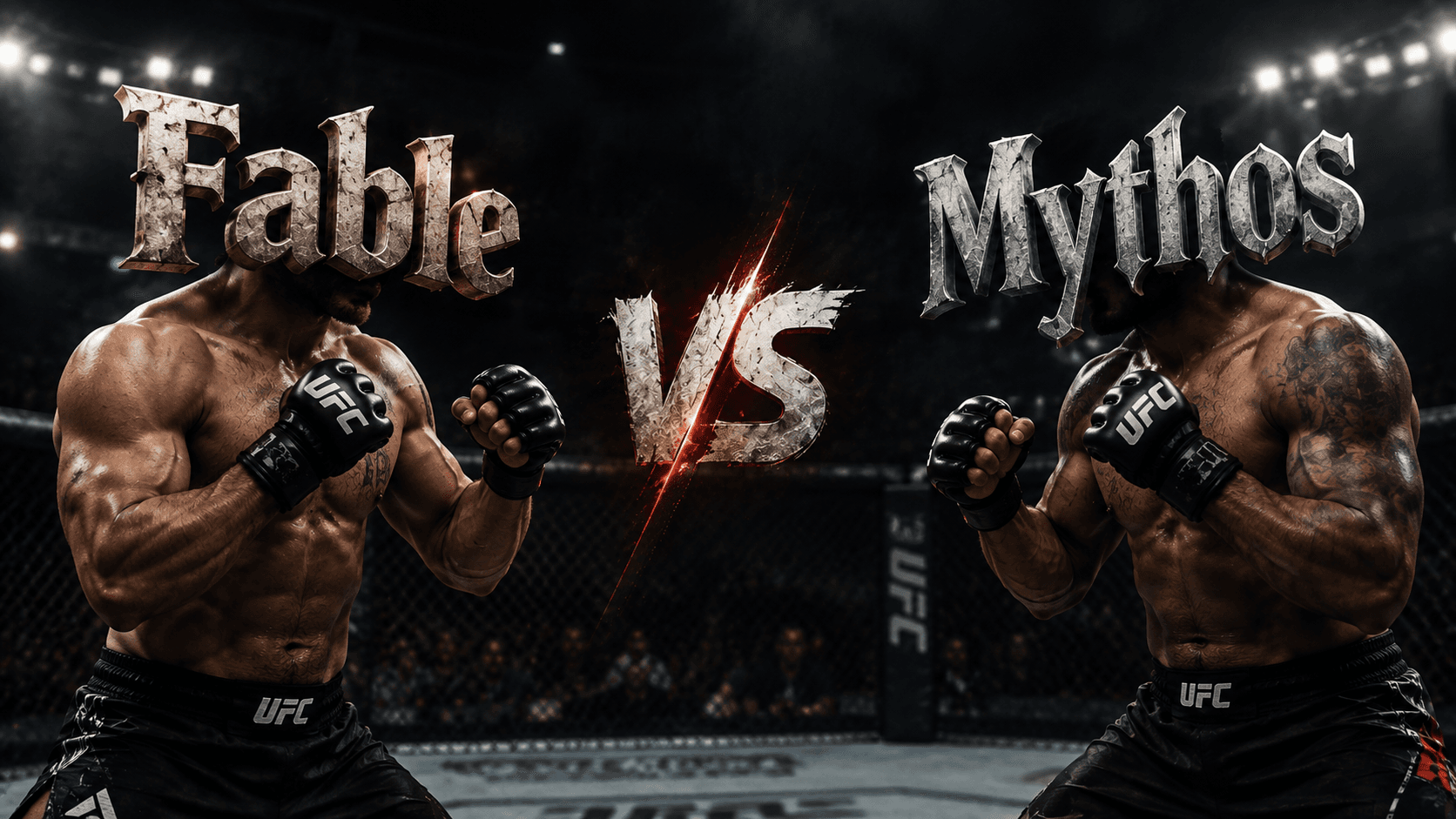 Two MMA fighters in guard position, facing each other inside an illuminated octagon, under the words "Fable" and "Mythos" in stone letters separated by "VS"