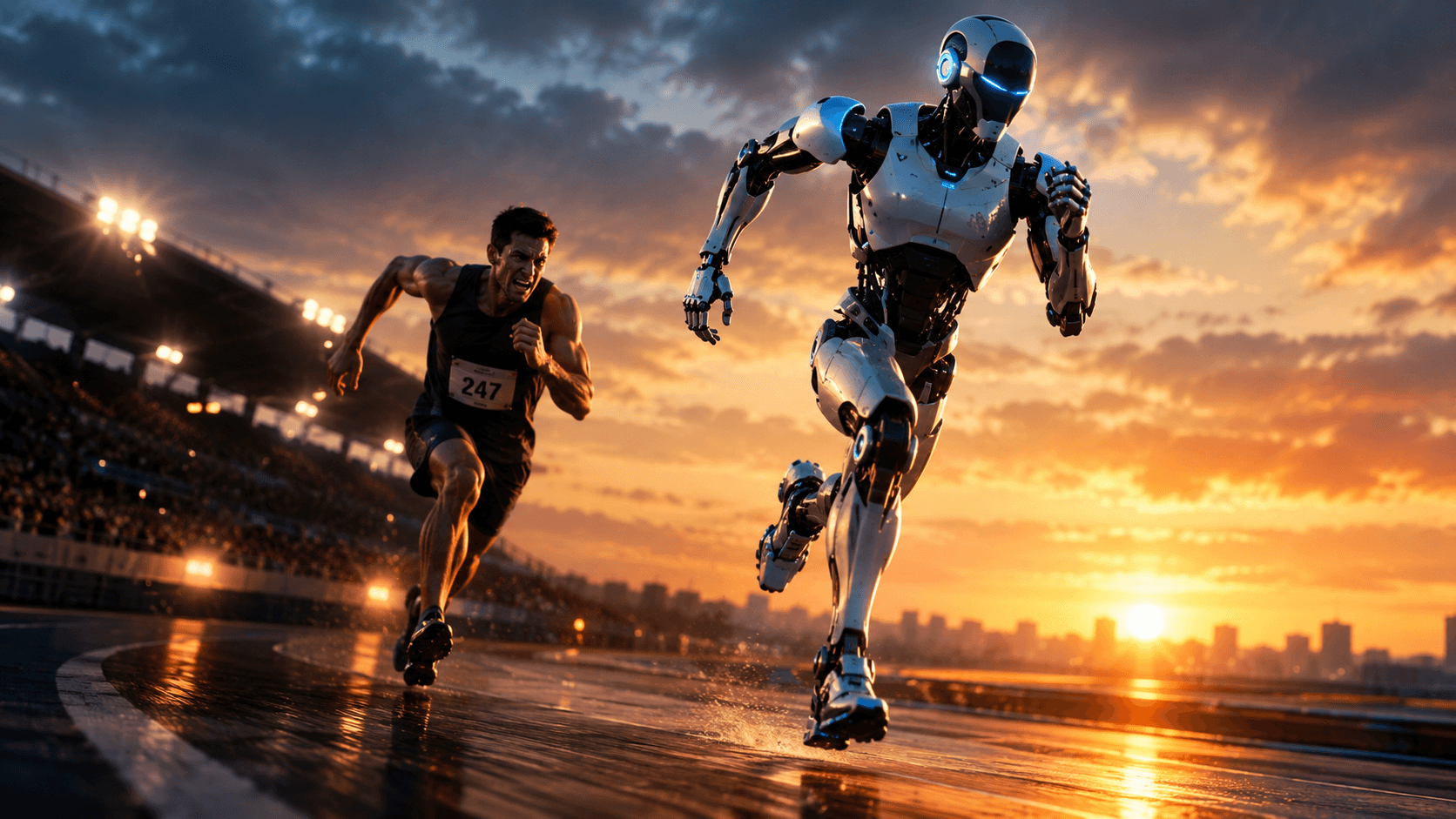 Humanoid robot runs ahead of a human athlete in a race symbolizing artificial intelligence surpassing humans.