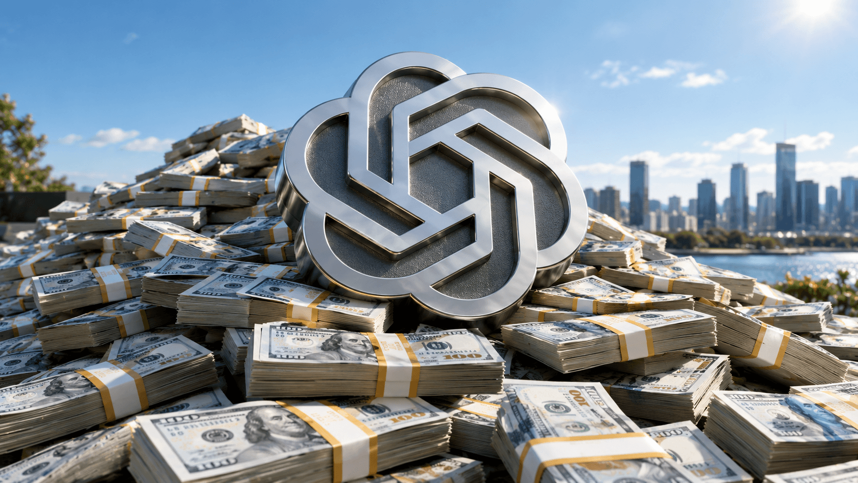 Silver OpenAI logo atop a massive pile of dollars, in a sunny setting with blue sky and city in the background.