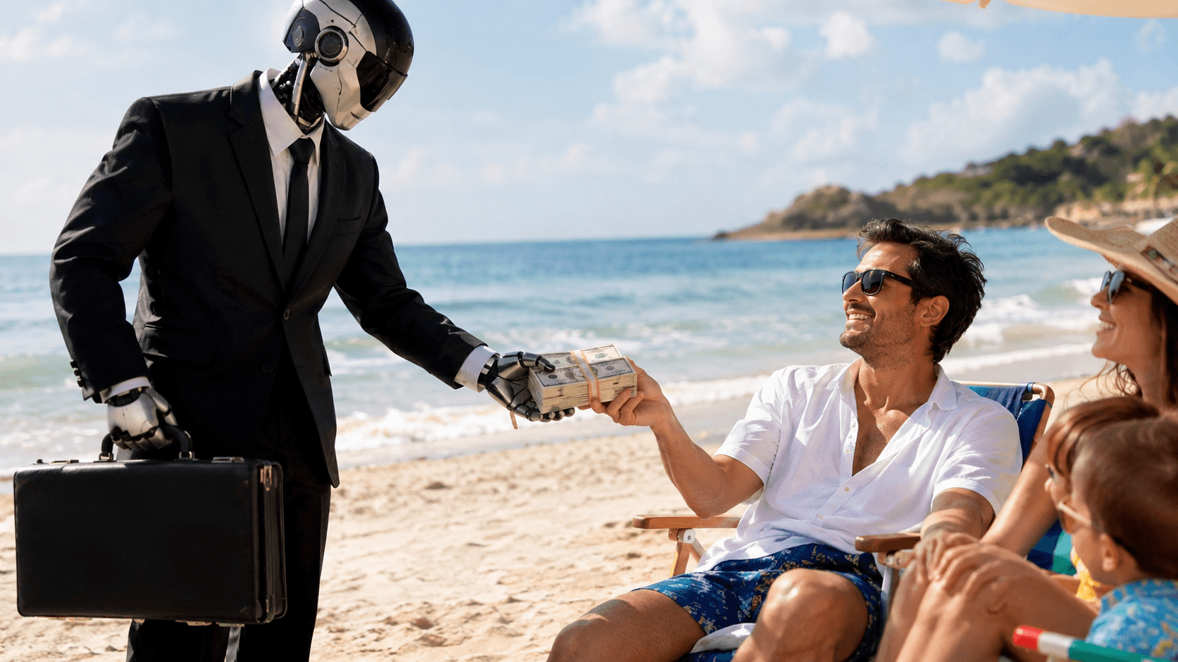 Man in sunglasses receives a stack of dollar bills from a robot in a suit while enjoying the beach with his family.