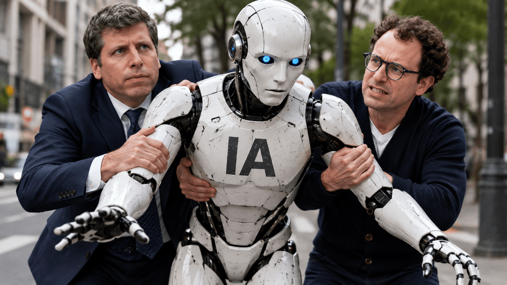 Sam Altman and Dario Amodei hold back a humanoid robot with "AI" on its chest, preventing its advance on a busy street.
