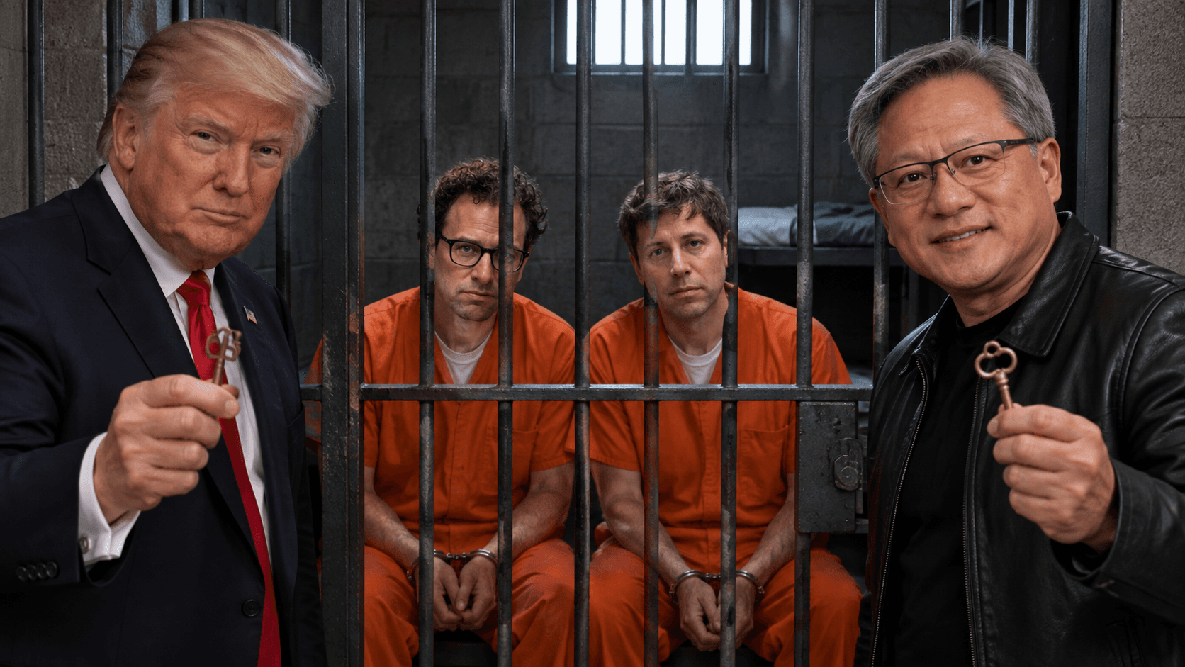 Man in suit and man in jacket hold keys in front of two men imprisoned in a cell.
