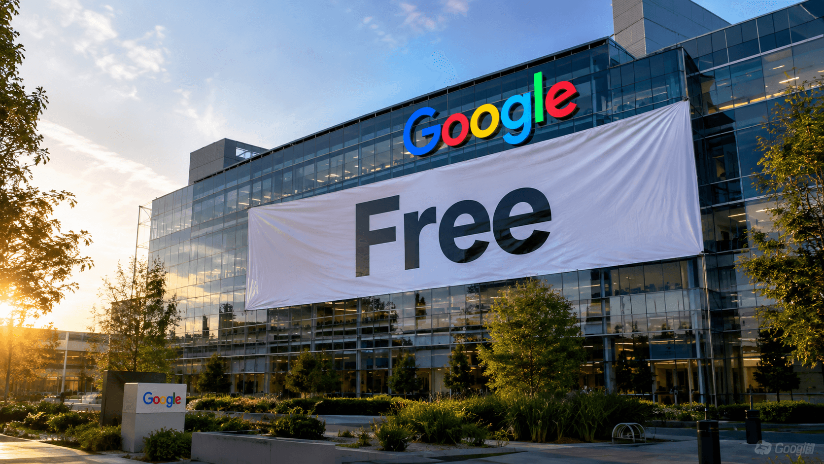 Modern Google building at sunset, with glass facade, colorful logo and a giant white banner with the word "Free" prominently displayed.