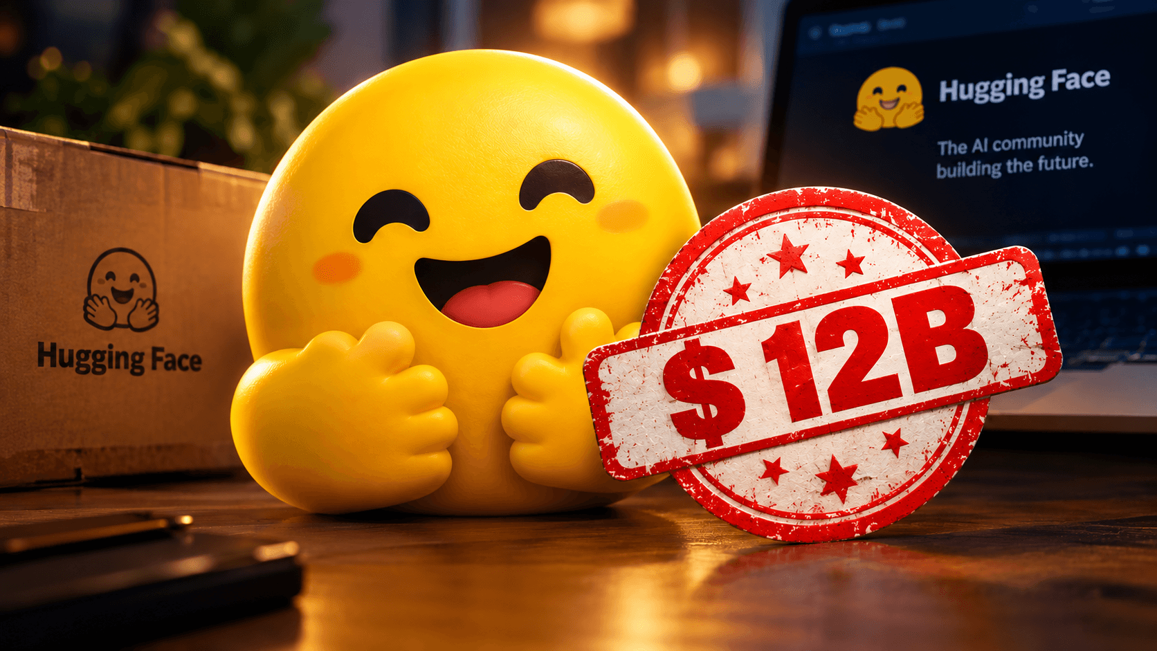 Yellow Hugging Face mascot in cinematic 3D scene, with red "$12B" seal prominently displayed and technology environment in background, with warm light and real bokeh.