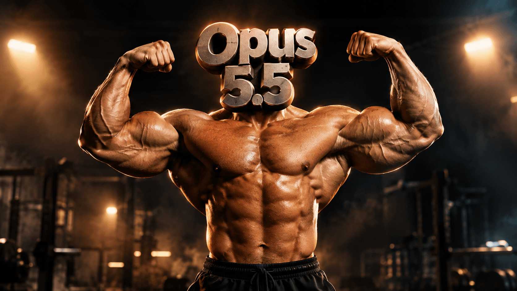 Extremely muscular bodybuilder in double biceps pose, with "Opus 5.5" replacing the head, in a dark gym with intense, epic cinematic lighting.