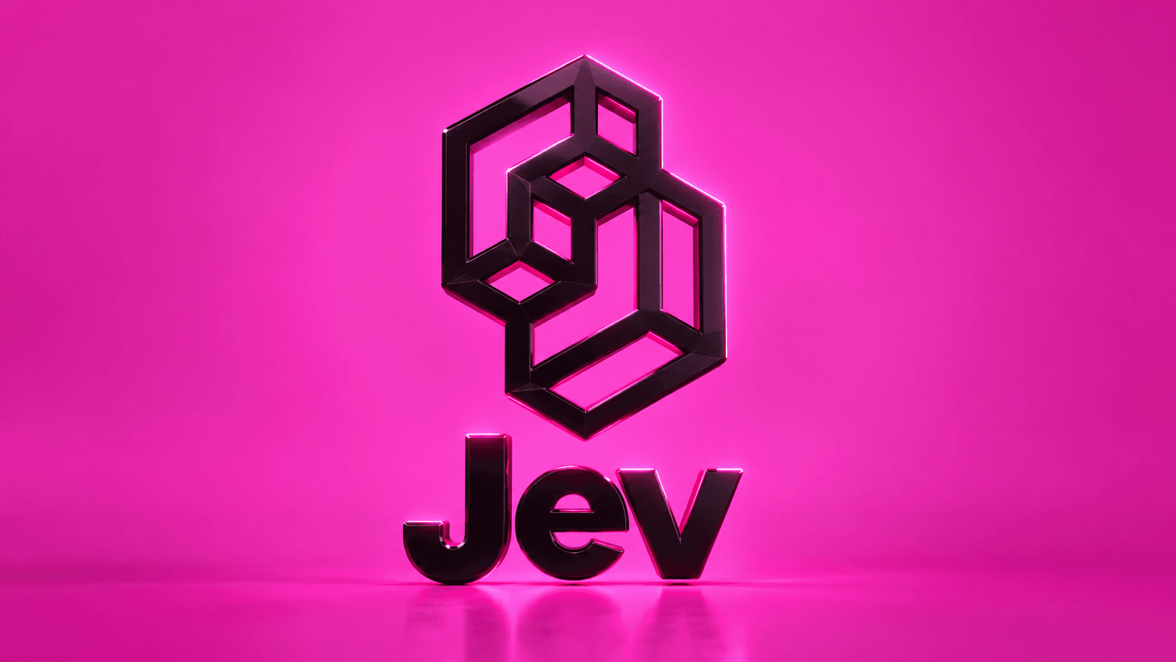 Black geometric 3D logo on vibrant pink background, with cinematic lighting, neon glow and the name "Jev" prominently displayed at the bottom of the striking image.