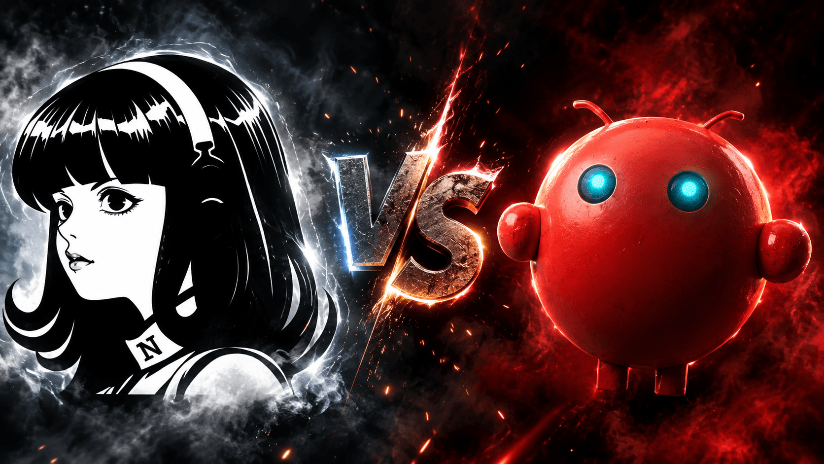 Cinematic comparison cover: female character in black and white against red robot, with metallic "VS" at center and dramatic smoke and light effects.