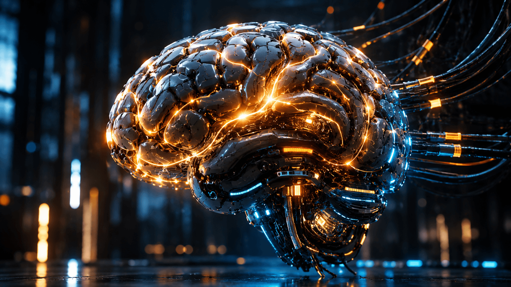 Robotic brain in human shape, with bright orange and blue circuits, connected to cables in a futuristic and cinematic environment.