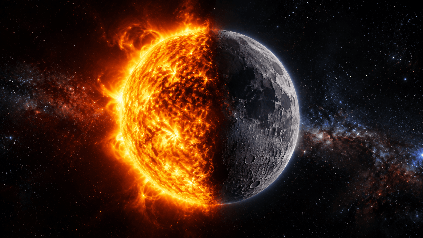 Sun and Moon split in half, with realistic and cinematic texture, surrounded by stars and the vastness of the galaxy.
