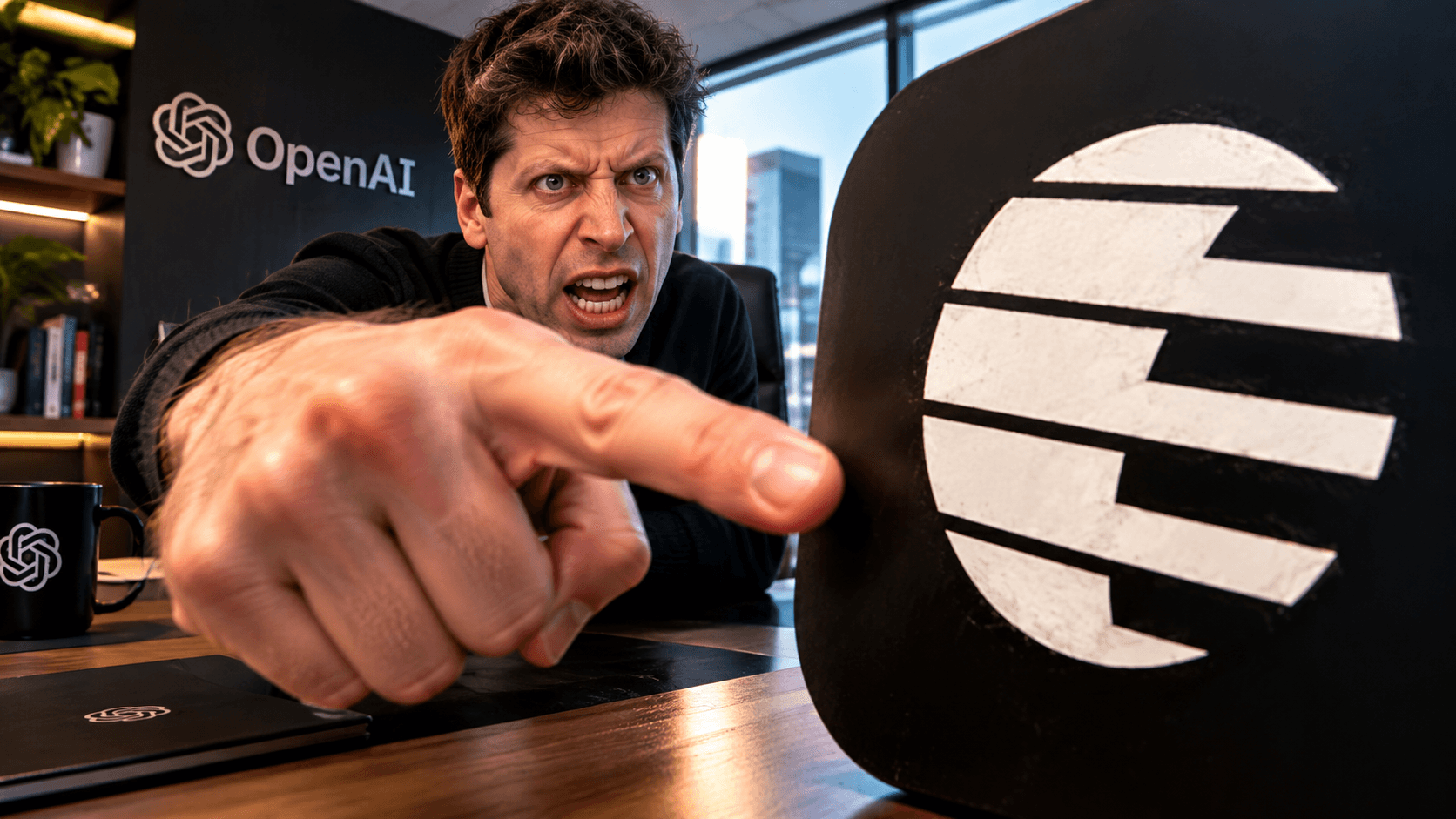 Sam Altman with an irritated expression points to the OpenAI logo in a modern office.