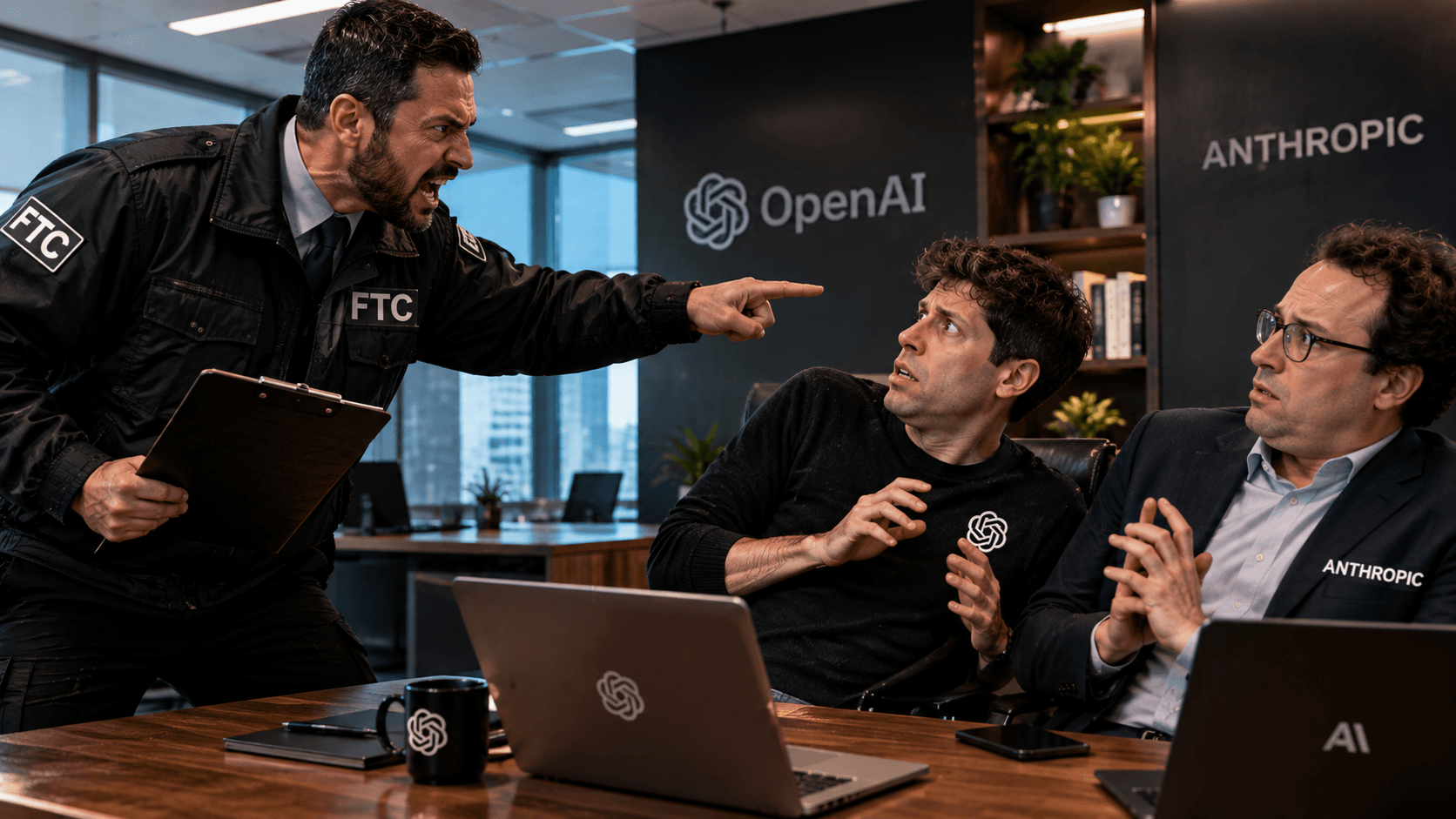 FTC employee points at Sam Altman and Dario Amodei, who show fear during a tense meeting in an office.