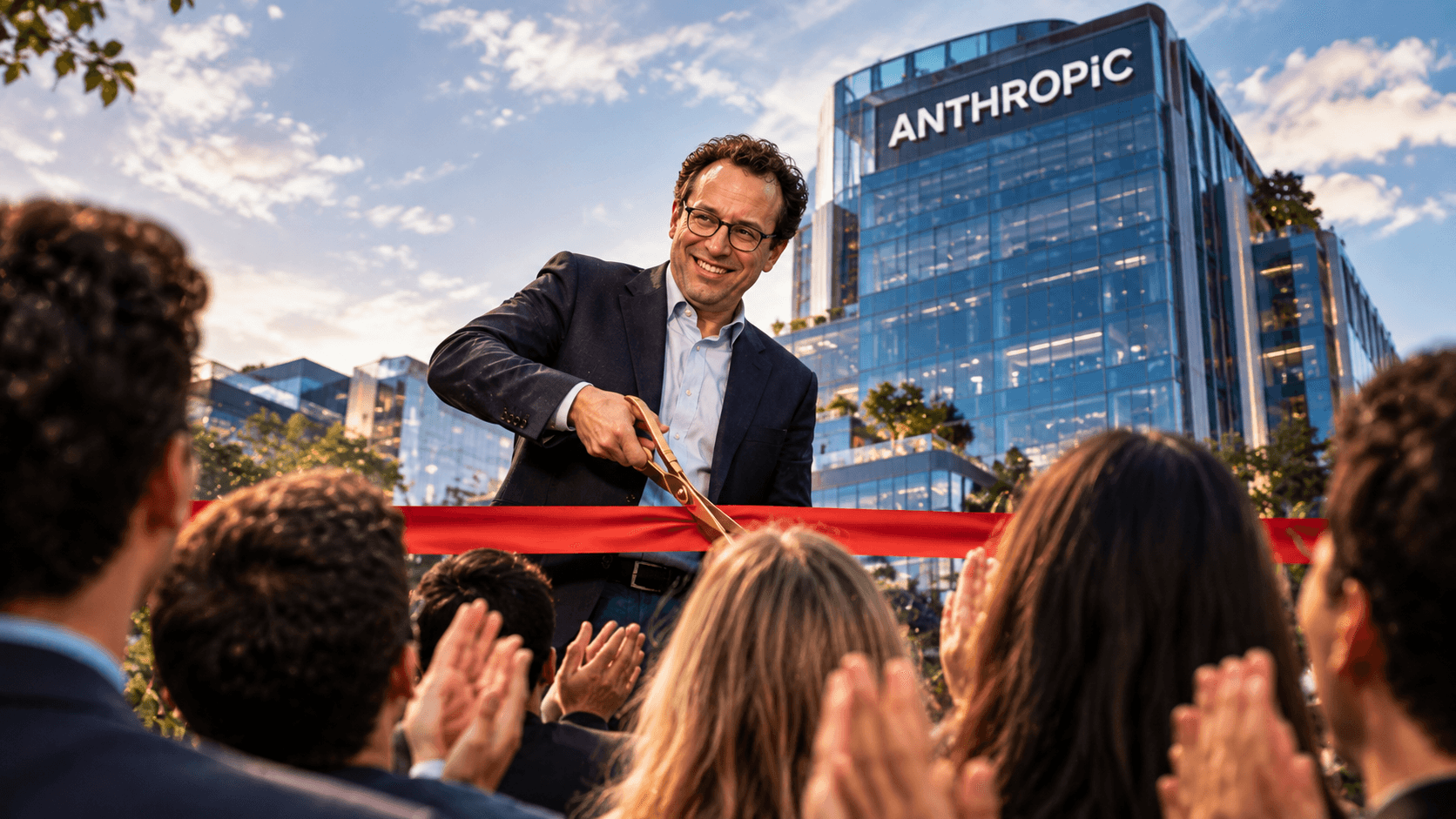 Anthropic executive cutting a red ribbon in front of the company's headquarters, symbolizing opening its doors to the public.