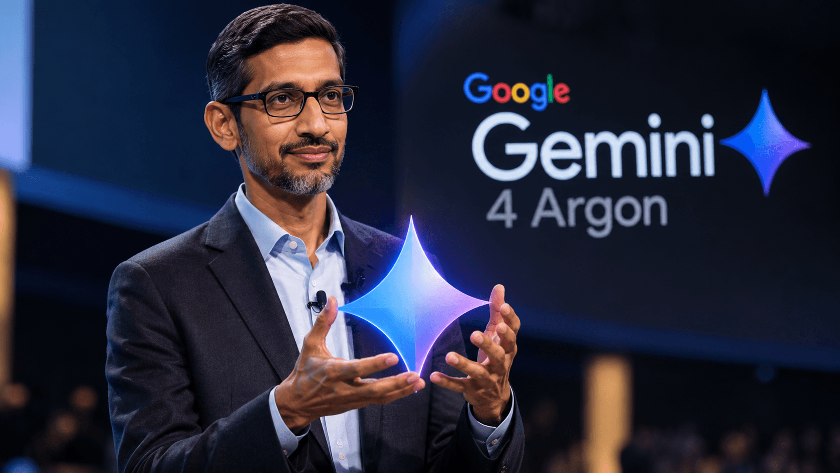 Google executive presents the illuminated Gemini symbol on a stage, with the Google Gemini 4 Argon brand in the background.