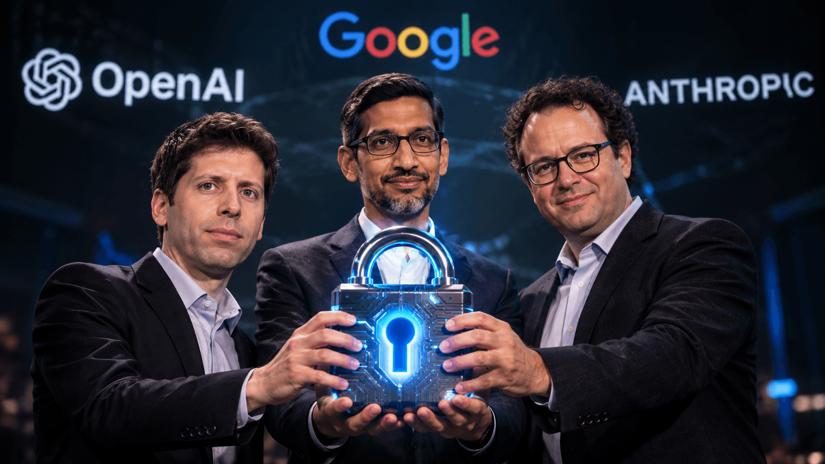 Sam Altman, Sundar Pichai and Dario Amodei holding together a glowing cybernetic lock, symbolizing security and artificial intelligence.
