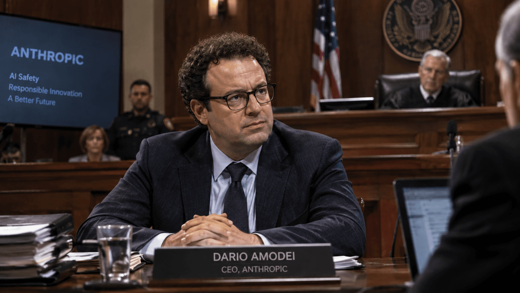 Dario Amodei, CEO of Anthropic, appears seated before a judge at a hearing in an American-style courtroom.