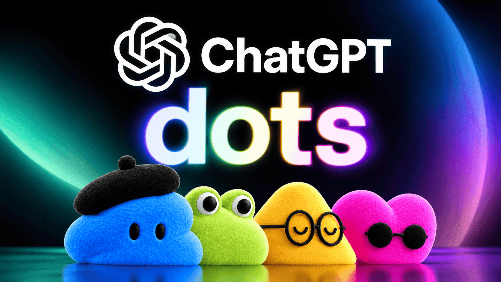 Colorful illustration with four plush characters under the ChatGPT logo and the word "dots" in the spotlight.