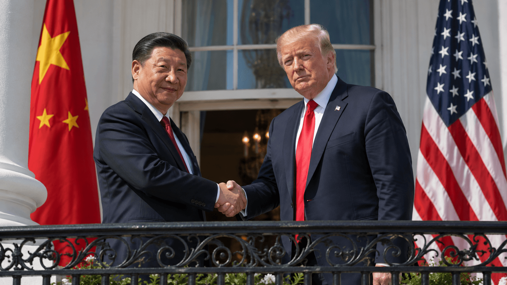 Donald Trump and Xi Jinping shake hands on the White House balcony, before the flags of the United States and China, in a cinematic scene.