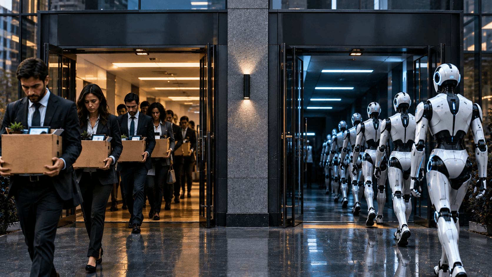 Employees leave a company carrying boxes with their belongings while a line of robots enters the building, symbolizing workplace automation.