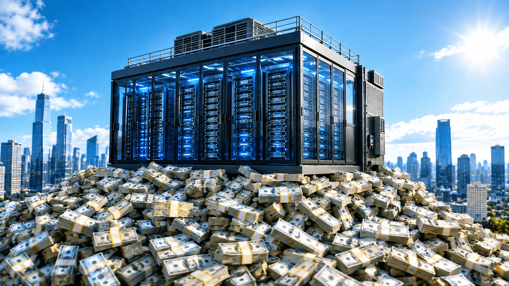 Futuristic data center with servers illuminated in blue, built on top of a huge pile of money, with city in the background and sunny blue sky.