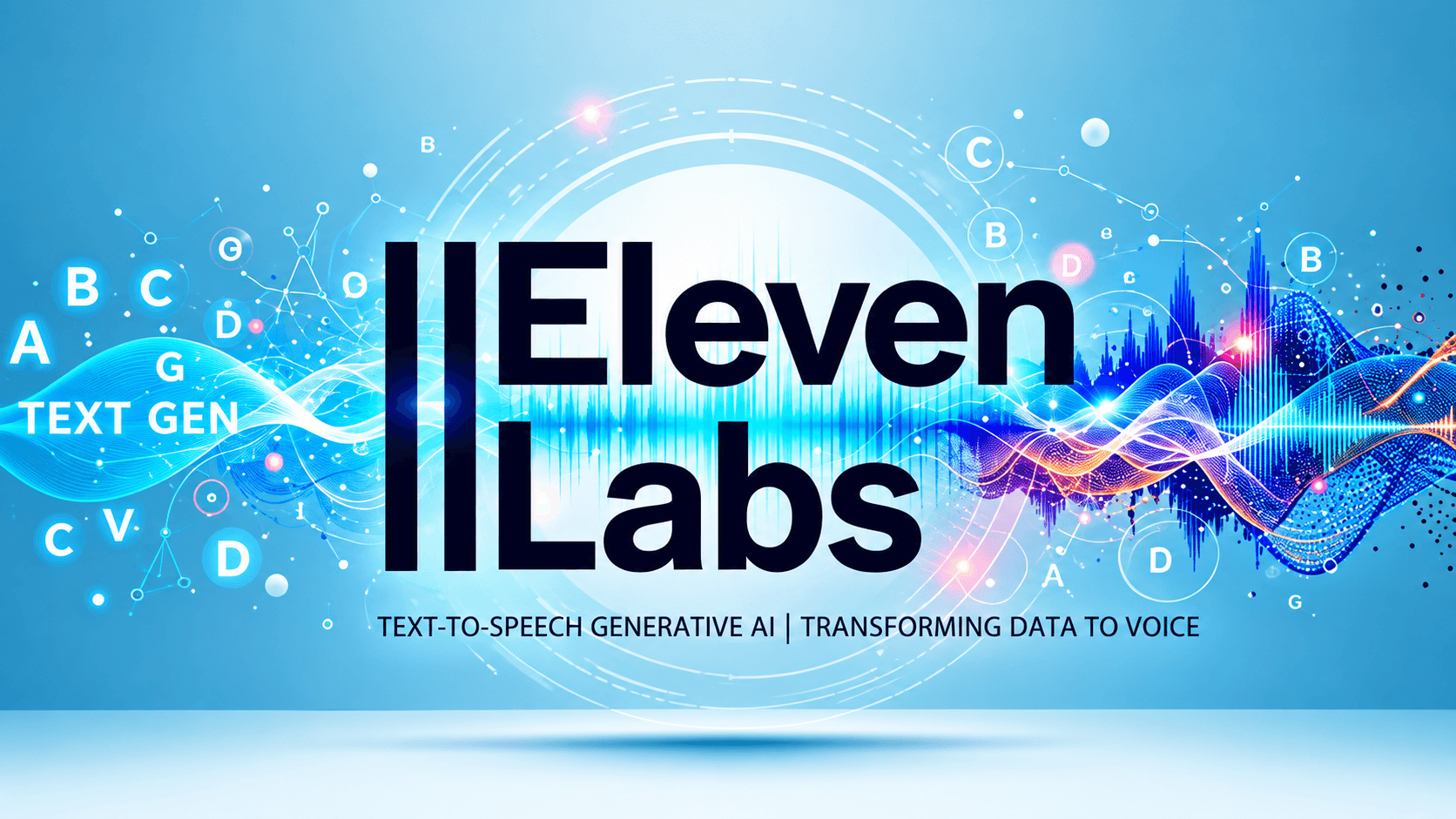 ElevenLabs in focus, with digital sound waves, AI elements and text-to-speech technology on a futuristic blue background.