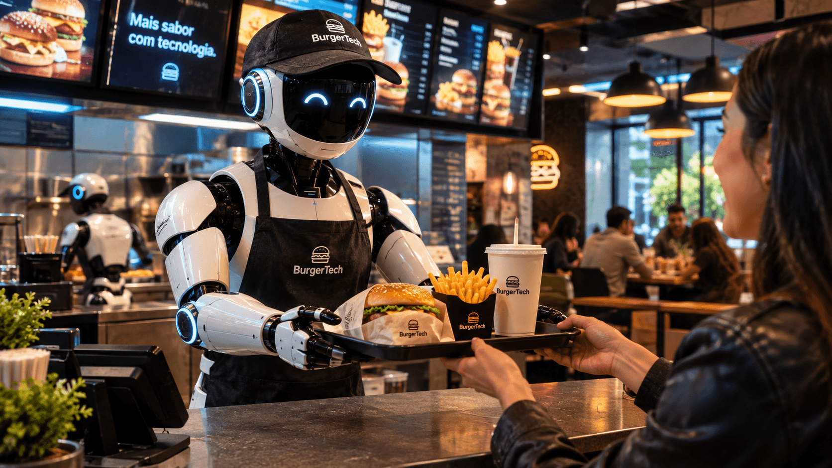 Humanoid robot from BurgerTech delivers burger, fries and drink to a customer in a futuristic restaurant.