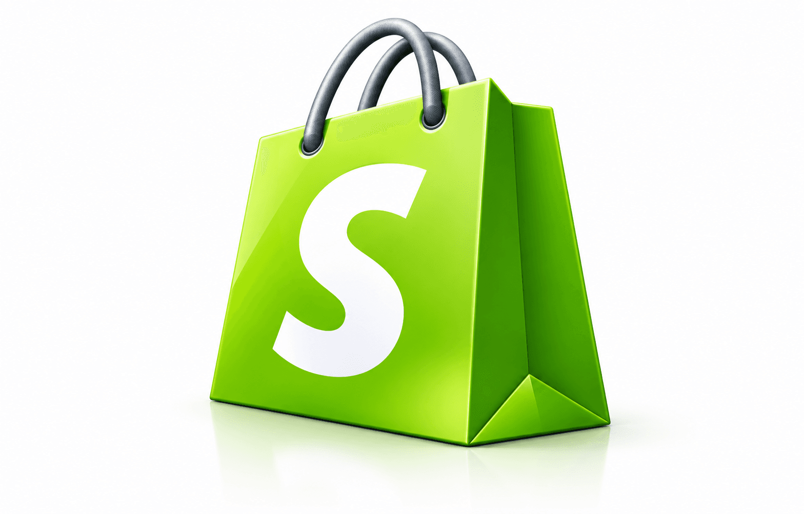 Green Shopify shopping bag with white logo, presented on white background with bright lighting, highlighting its modern and elegant design.