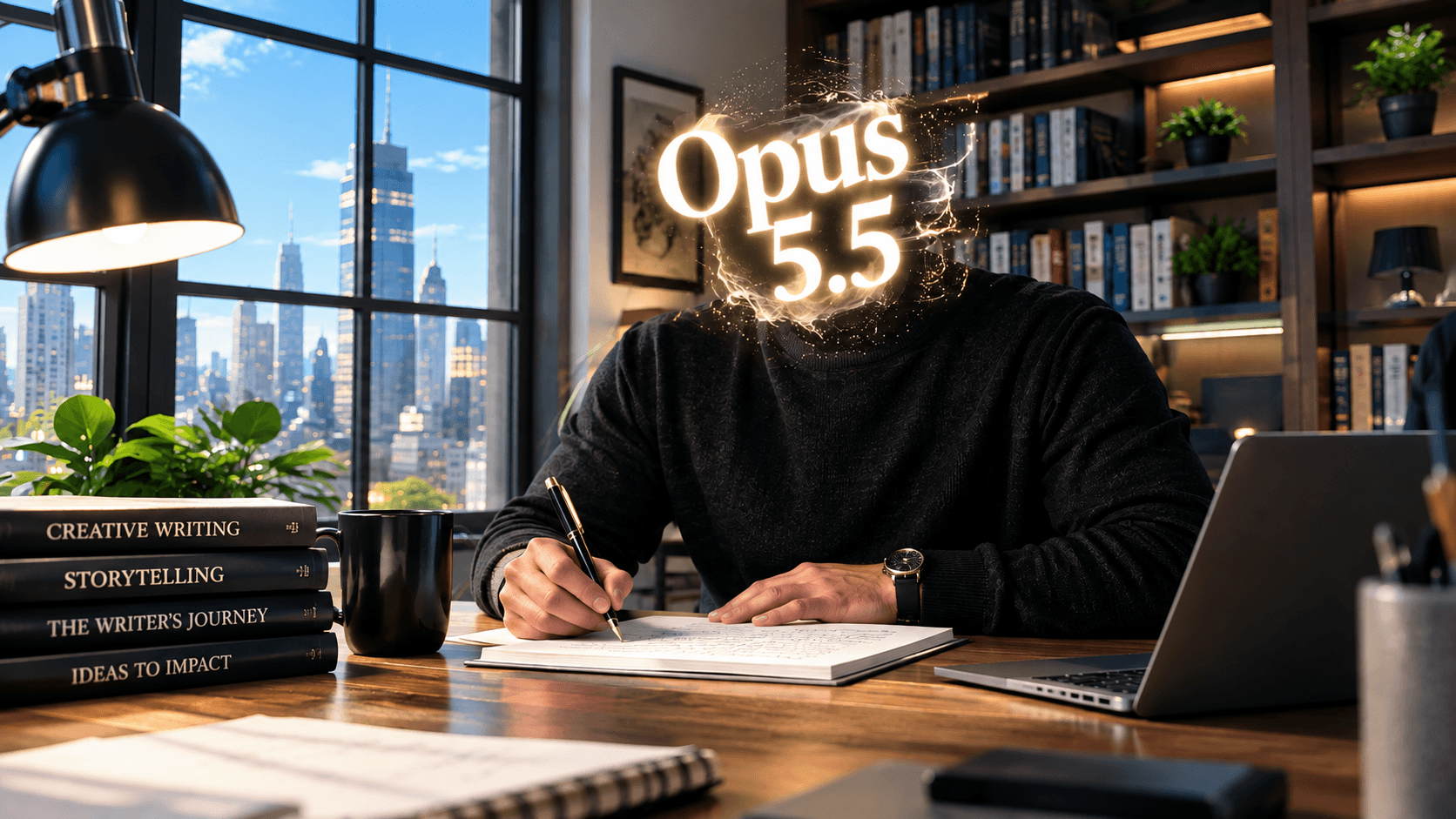 Person writing a book in a modern office, with "Opus 5.5" in place of their head and a sunny city visible through the window.