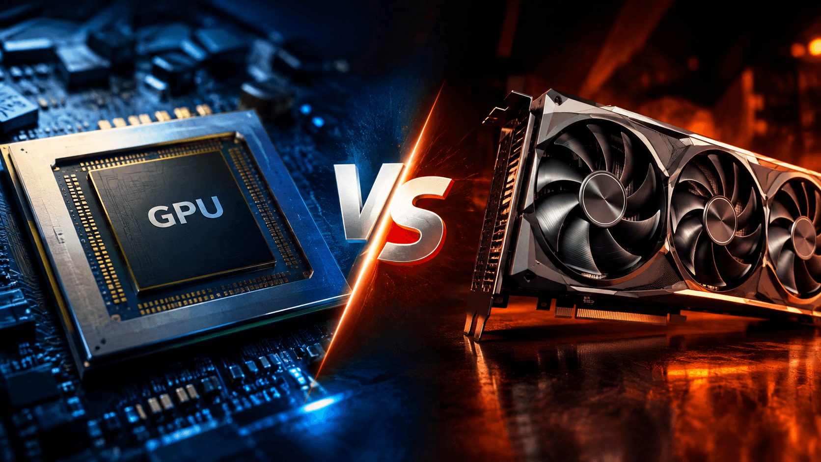 GPU e placa de vídeo em uma composição cinematográfica, com iluminação azul e laranja e o símbolo VS ao centro.