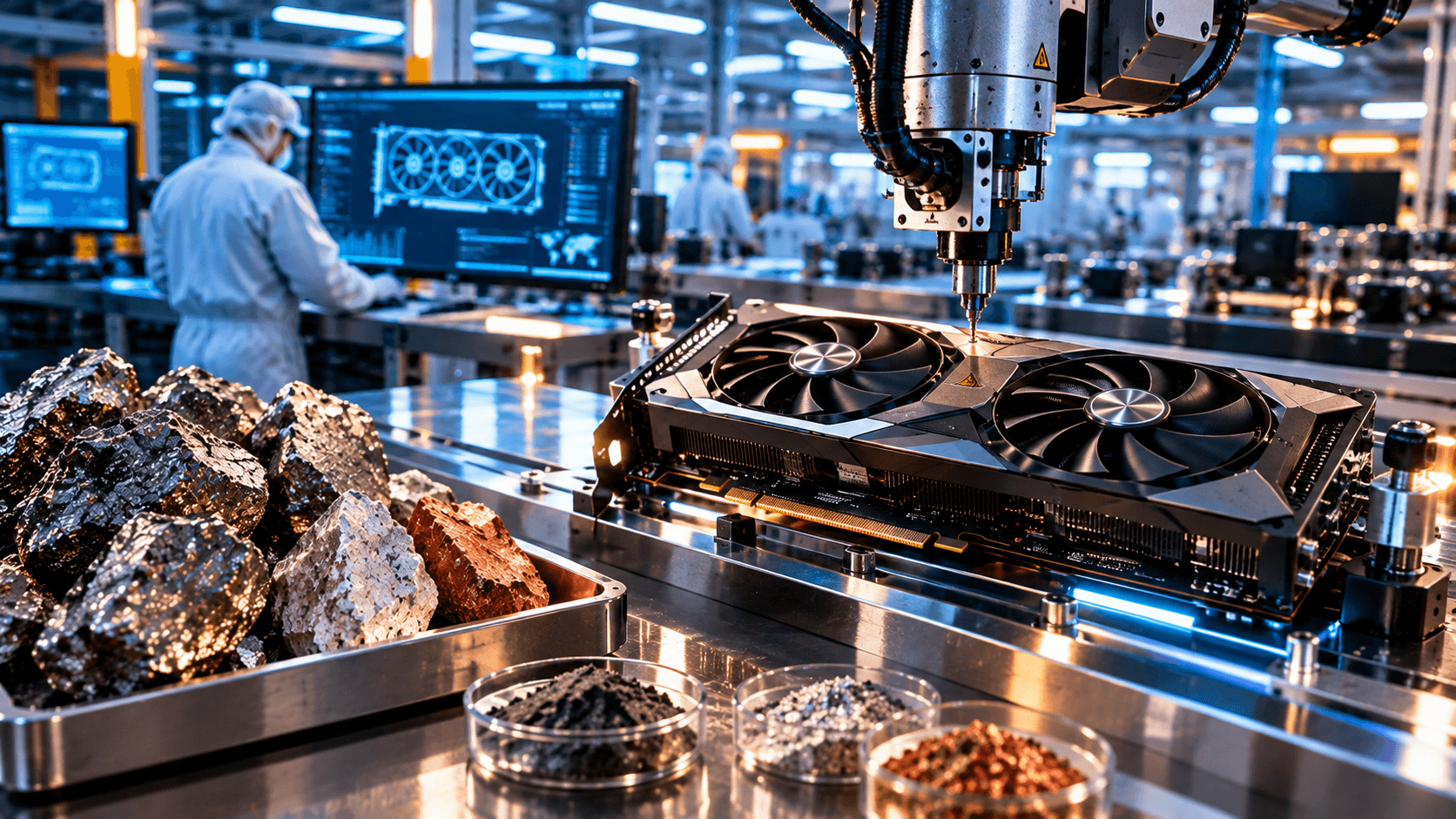 Fábrica de GPUs com placa de vídeo em montagem, minérios de terras raras e braços robóticos em um ambiente industrial futurista, iluminado em azul e laranja.