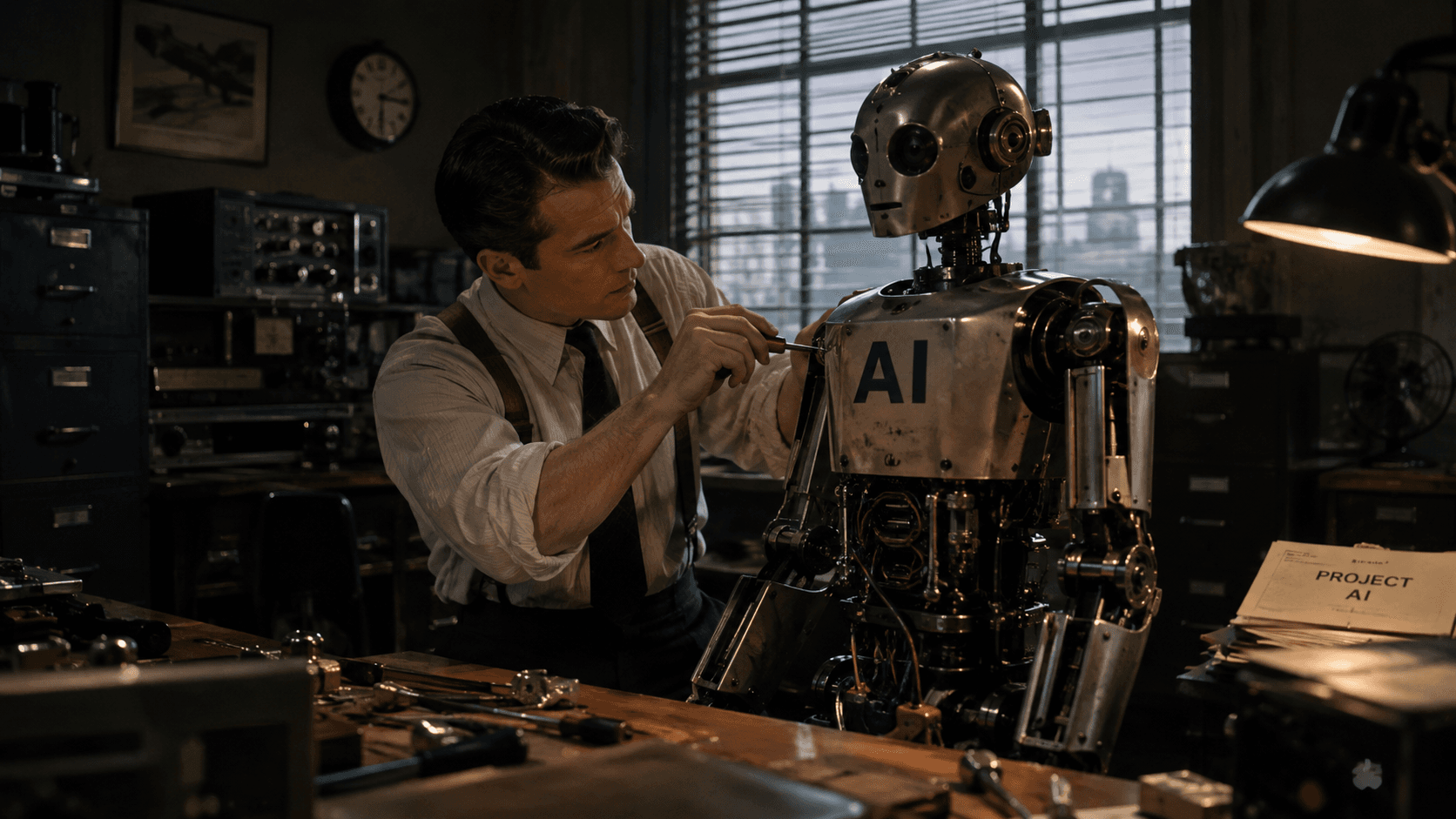 Man wearing 1950s clothing building a metallic robot with the inscription AI in a vintage office, with cinematic lighting and antique tools.