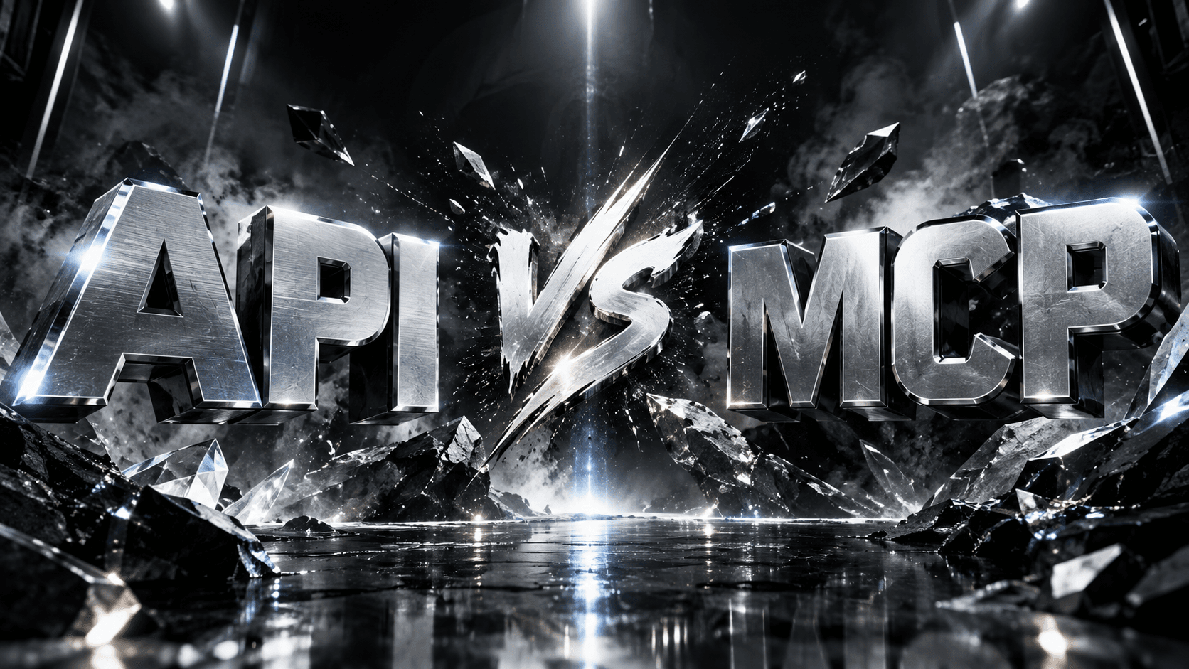 Cinematic 3D image of API versus MCP, with metallic silver letters, battle effects, flying debris, and dramatic lighting in black, white, and gray.