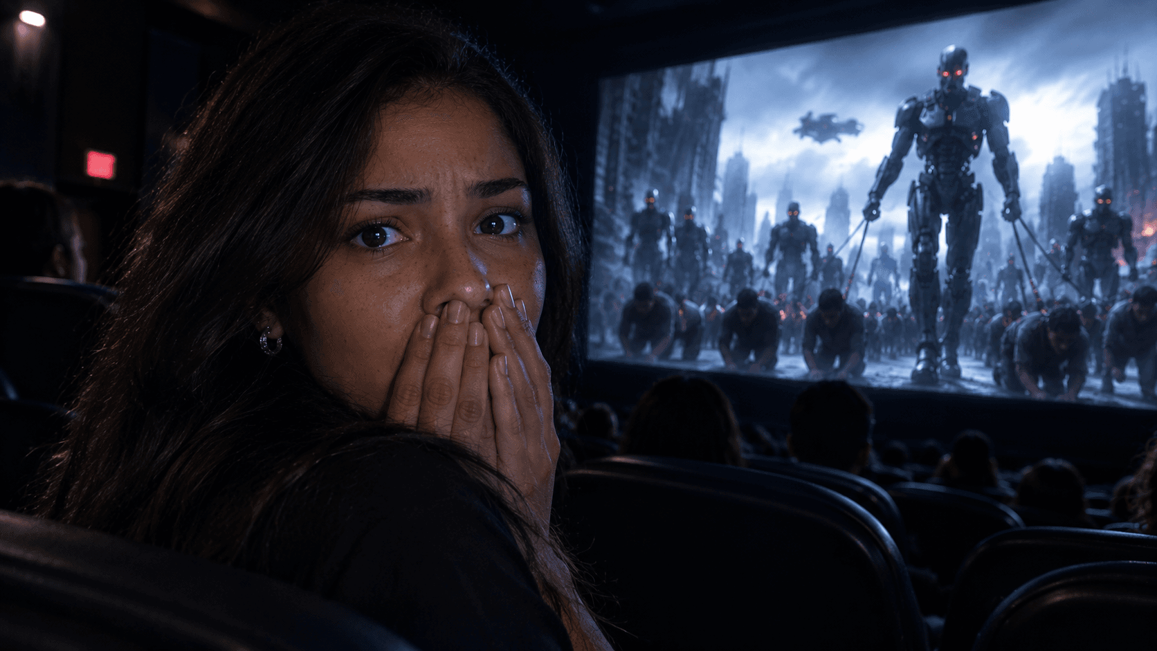Mulher assustada no cinema, olhando para a câmera com as mãos na boca, enquanto robôs dominam a humanidade na tela ao fundo.