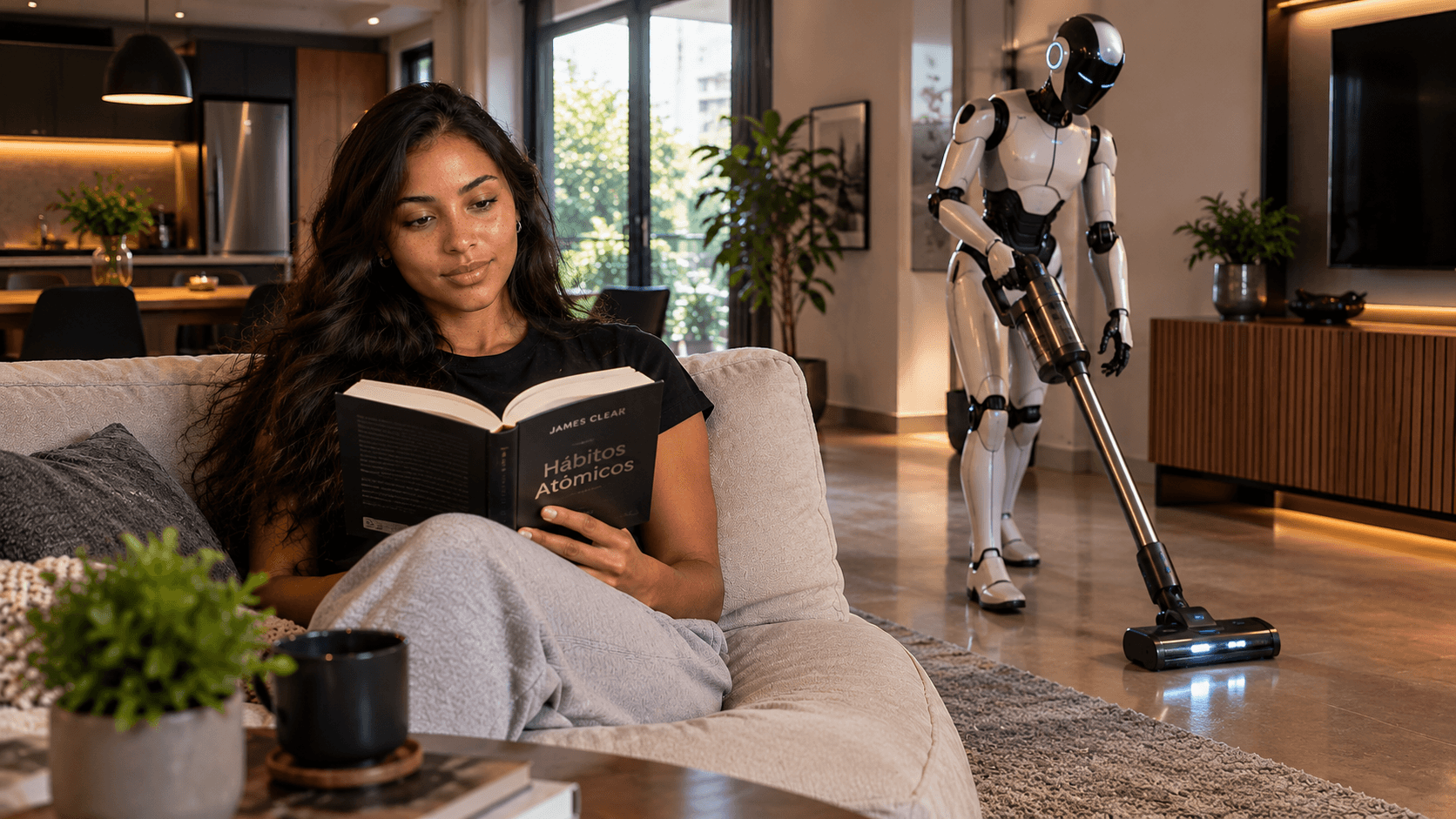 Mulher relaxa no sofá lendo um livro enquanto um robô humanoide futurista aspira o chão de uma sala moderna, aconchegante e iluminada.