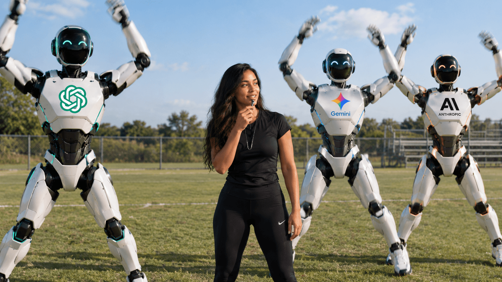 Mulher treinando três robôs humanoides com logos da OpenAI, Gemini e Anthropic, fazendo polichinelos em um campo esportivo ensolarado.