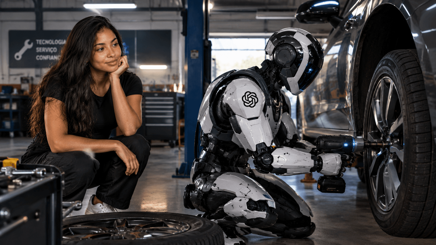 caracteres. Mulher observa um robô humanoide trocando o pneu de seu carro em uma oficina mecânica moderna, com iluminação cinematográfica e tecnologia avançada.