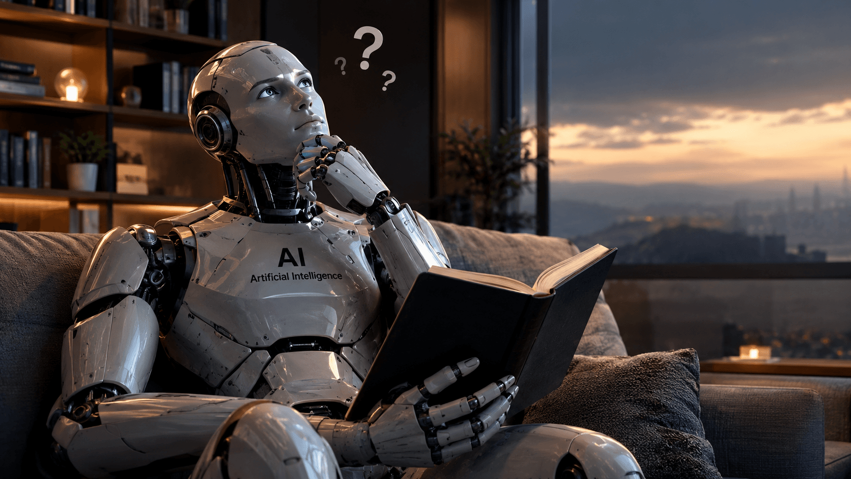 Robô com a inscrição “AI – Artificial Intelligence” no peito, lendo um livro e refletindo no sofá de uma sala moderna ao pôr do sol.