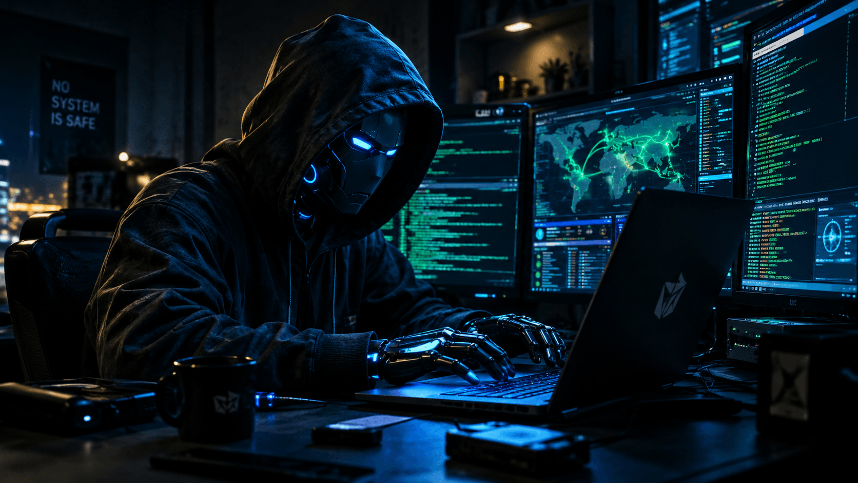 Robô hacker com capuz preto invade sistemas em uma sala escura, cercado por computadores, códigos digitais e luzes azuis e verdes.