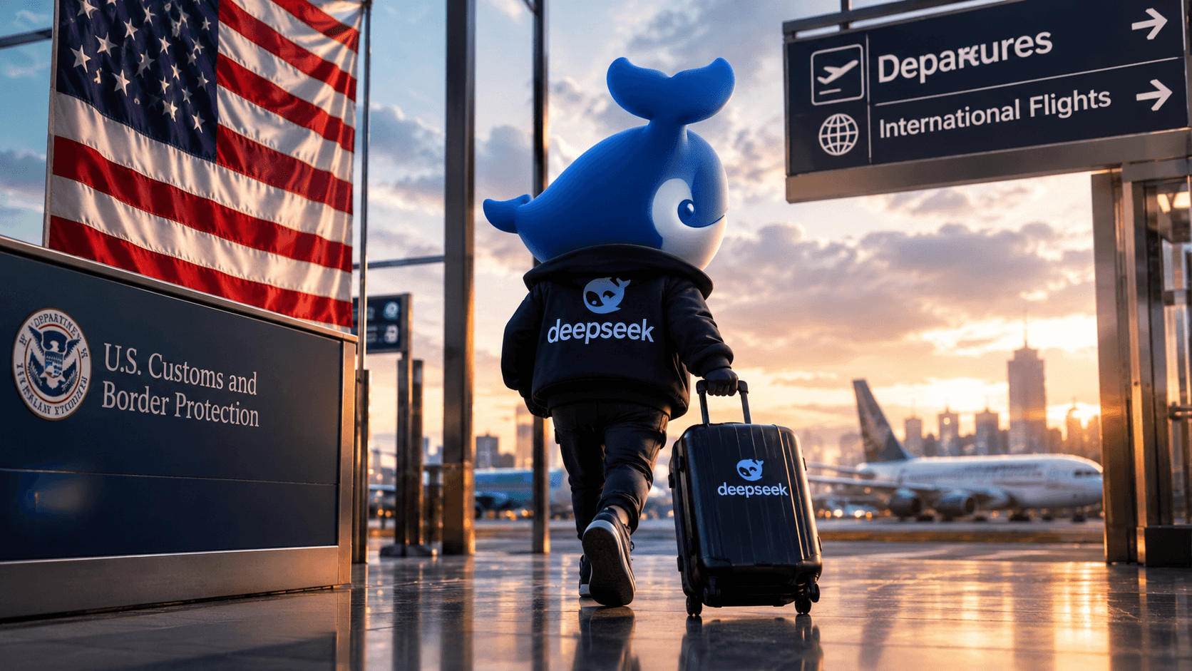 Logo da DeepSeek com mala de viagem, deixando os Estados Unidos em um aeroporto ao pôr do sol, com a bandeira americana ao fundo.