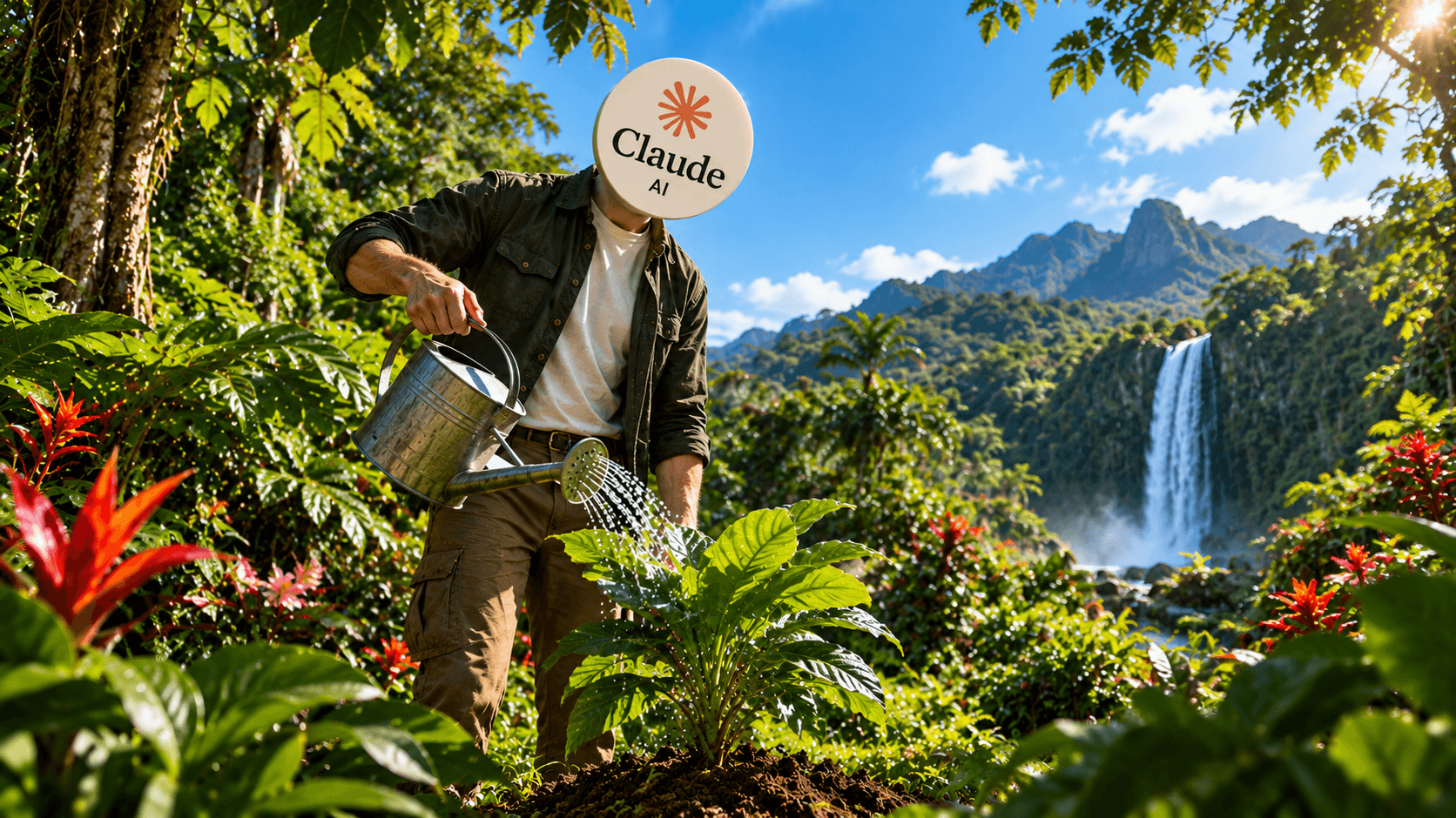 Homem com a logo do Claude AI no lugar da cabeça regando uma planta em um exuberante jardim tropical com cachoeira, montanhas e céu azul.