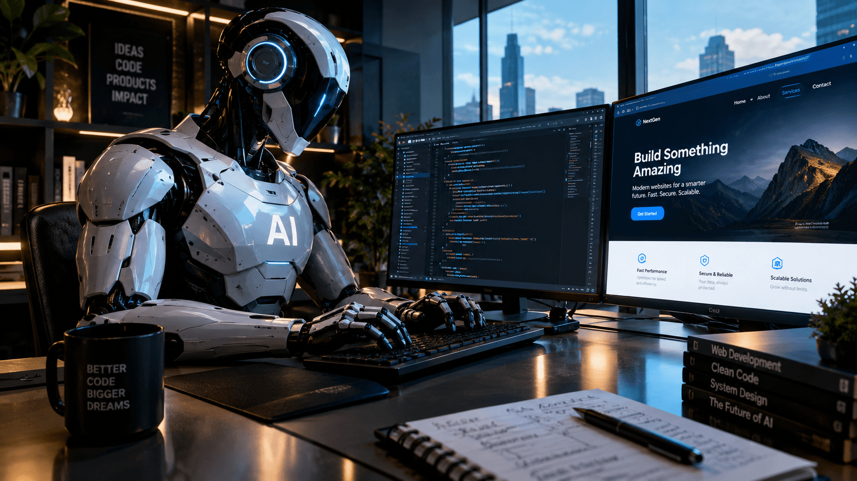 Robô futurista com a inscrição “AI” no peito programando um site em dois monitores, em um escritório moderno com iluminação cinematográfica.