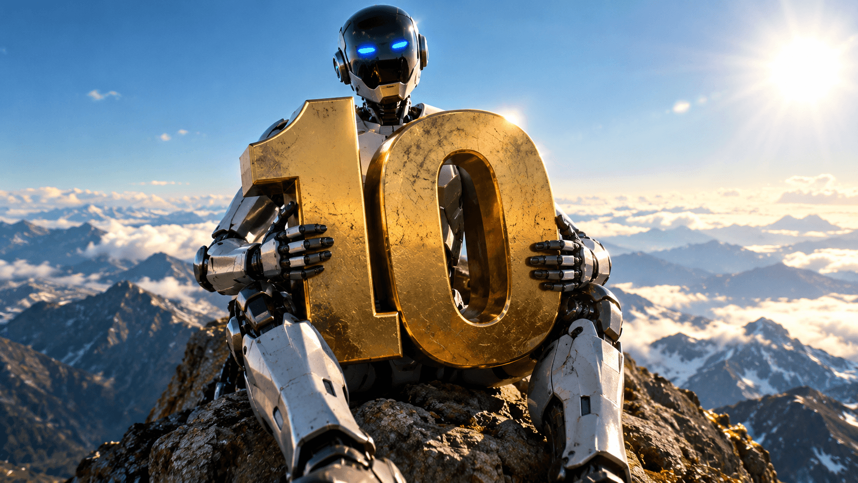 Robô sentado no topo de uma montanha segurando um grande número 10 dourado no colo, sob a luz do sol e com montanhas ao fundo.