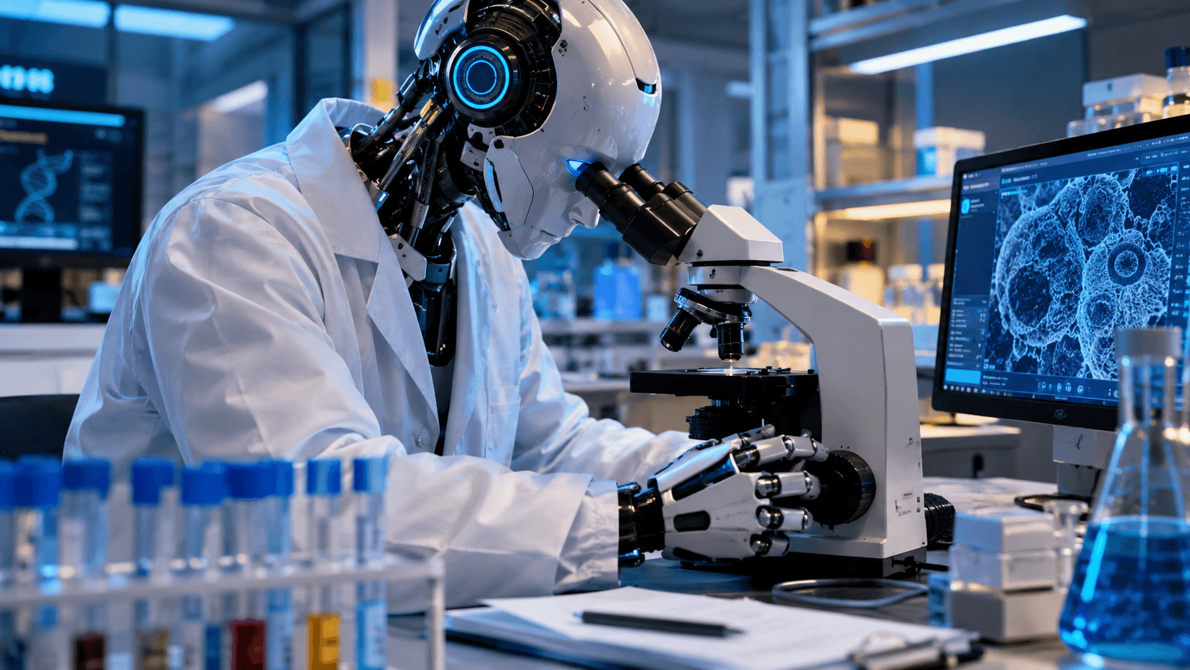 Robô cientista de jaleco branco realiza pesquisas em um laboratório tecnológico, observando amostras em um microscópio cercado por equipamentos científicos.