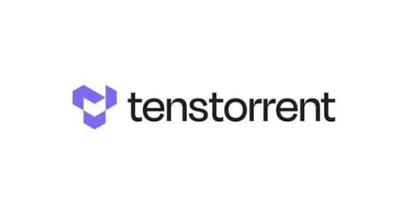 Logotipo da Tenstorrent, com símbolo geométrico roxo e nome da empresa em letras pretas sobre fundo branco.