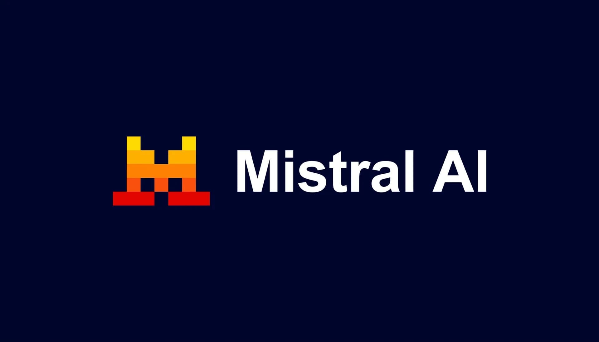 Logotipo da Mistral AI com símbolo geométrico em tons de amarelo, laranja e vermelho, acompanhado de texto branco sobre fundo azul-escuro.